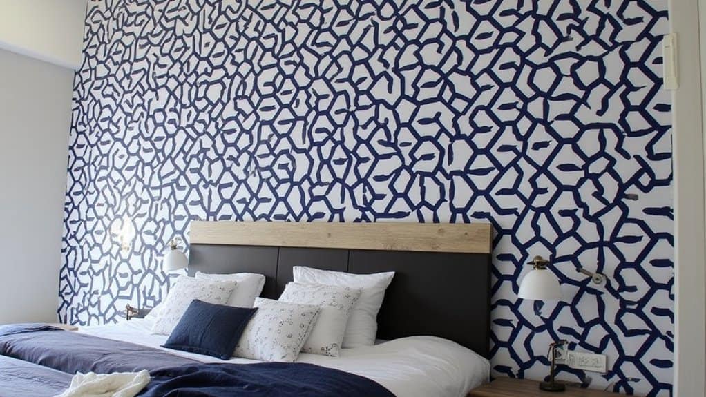 blue geometric wallpaper installation