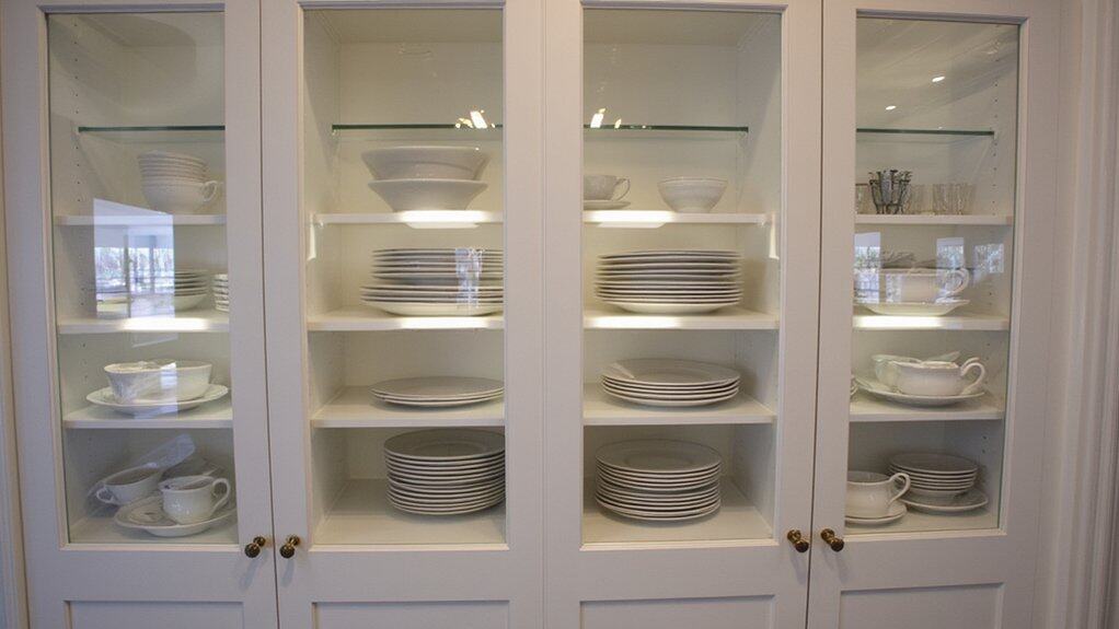 organize glass cabinet dishes