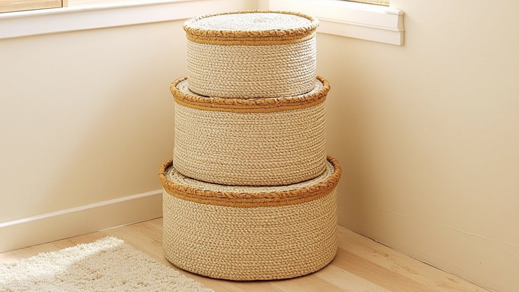 stacked woven storage baskets